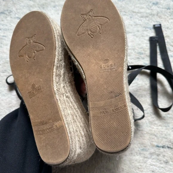 Gucci Charlotte Marmont Espadrilles Platform Wedge Heels Black Leather 8.5/9 - Picture 5 of 11